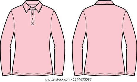 Polo jumper flat sketch. Sweatshirt apparel design. Front and back. Women CAD mockup. Fashion technical drawing template. Vector illustration.