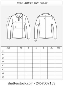 Polo jumper size chart. Sweatshirt front and back sketch. Clothing measurements. Women CAD mockup. Technical drawing template. Vector illustration.