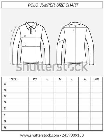 Polo jumper size chart. Sweatshirt front and back sketch. Clothing measurements. Women CAD mockup. Technical drawing template. Vector illustration.