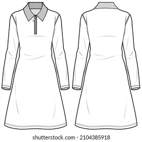 Polo Long Sleeve dress  collared pique dress Front   Back View  Fashion Illustration  Vector  CAD  Technical Drawing  Flat Drawing 