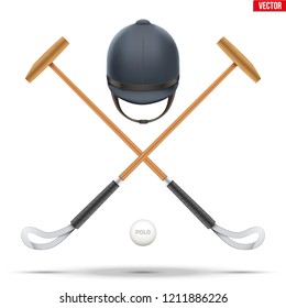 Polo mallet with horseman helmet and ball. Wood mallet equipment for horserider. Symbol of polo sport game. Vector illustration isolated on background.