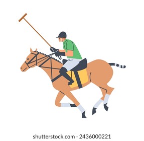 Polo match acción. Ilustración vectorial de un jugador en un caballo galopante, blandiendo un mazo de polo, listo para golpear la pelota en una escena deportiva dinámica.