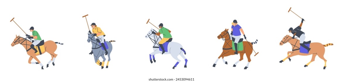 Polo match action. Vector illustration set of polo players on horses in various poses with mallets, capturing the dynamic motion of the sport.