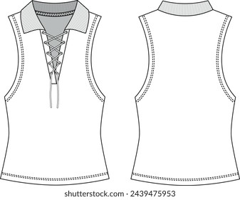 Diseño de la parte superior del tanque del cuello del polo, cuerpo delantero con detalle del ojal, dibujo vectorial de la parte superior del tanque sin mangas, dibujos técnicos de la moda