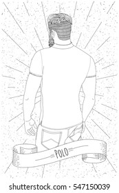 Polo on a guy with a beard. T-shirt on a man seen from behind. Vector illustration.