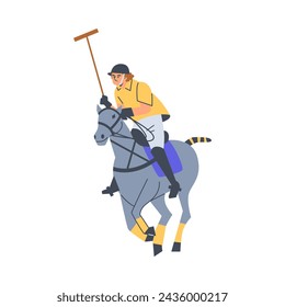 Polo player in action. Vector illustration of an athlete on a gray horse, raising a mallet during a polo game, depicted in a minimalistic style.