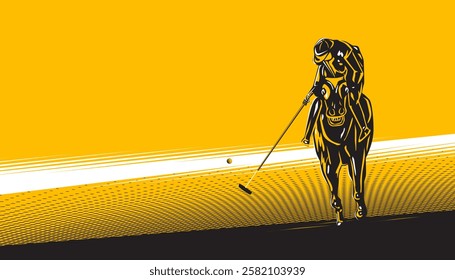 Polo player hit the ball with abstract background. Horse polo sport game
