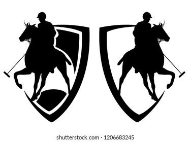 polo player riding a horse - heraldic shield and horseman black and white vector design