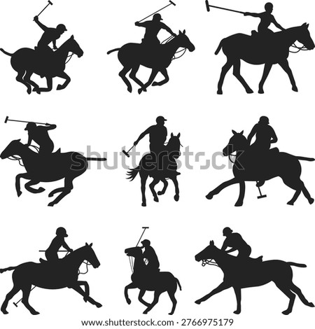 Polo Player Silhouettes Set, Horse Sport Clipart, Equipment Sports Action, polo players Horse Rider Vector Illustration,