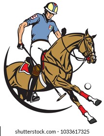 polo player sitting on a pony horseback and holding a long handled wooden mallet to hit a ball . The horse in gallop. Equestrian sport . Vector illustration