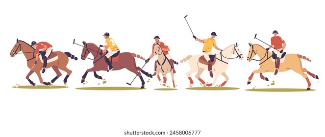 Jugadores De Polo En Acción, Personajes Masculinos Montando Sus Caballos Mientras Esgrimen Mallas. Sus Posturas Reflejan La Intensidad