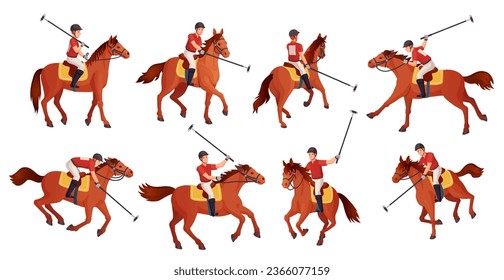 Jugadores de polo. Jugador de caballos jugando a los polos en el campo, club de equitación para jugadores ecuestres, partido de caballería para caballos de jockey, juego de dibujos animados ingeniosa ilustración vectorial del jugador de caballos