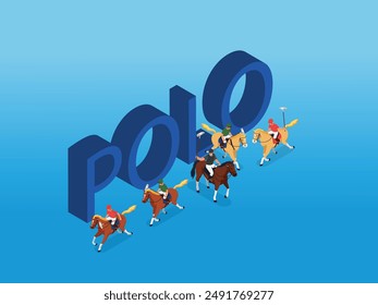 Jugadores de polo. Jinete jugando juego liso en el campo, club de jinetes del jugador del deporte ecuestre, jockey caballos cavaliers torneo partido 3d Ilustración vectorial isométrica