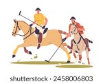 Polo Players Riding And Maneuvering Horses While Wielding Mallets To Strike A Ball Towards Goals. Skilled Equestrians