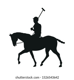 Polo rider horse. Black silhouette of player holding a mallet. Vector illustration isolated on white background