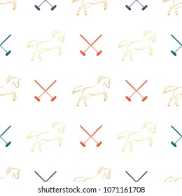 Polo seamless pattern, running horses and cross-sticks for polo. Vector illustration