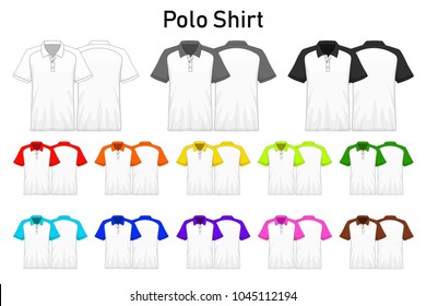 Polo Shirt colors on the collar and sleeves collection set for design , mockup advertising , blank for printing , vector illustration , white black grey red orange yellow green blue purple pink brown