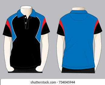Polo shirt design black/blue/red colors vector.Front and back views.