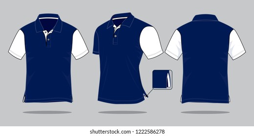 Polo Shirt Design Navy-White And White Vent Side Hem Vector.Front, Perspective And Back Views.