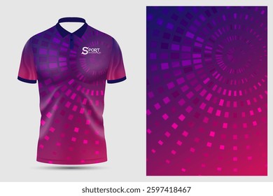 The polo shirt features a bright and dimensional design using a perfect blend of purple and pink shades. It features a circular dot pattern that creates a sense of movement and interest.