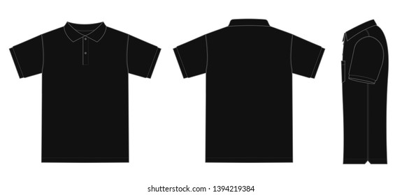 Polo shirt (golf shirt) template illustration ( front/ back/ side ) / black. No pockets.