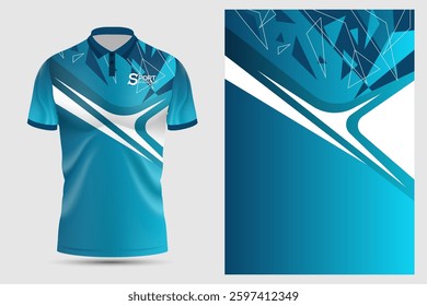 The polo shirt has a bright and modern design using different shades of blue and sky blue. It has geometric patterns that give it a sense of movement and energy.