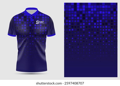 The polo shirt has a modern and bright design using shades of dark blue and light blue. It has a pattern of square dots of various sizes that add interest and movement to the shirt.