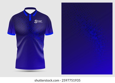 The polo shirt has a modern design, using the main colors of purple and blue, with a dotted pattern that gives the shirt a dimensional and interesting look.