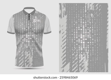 The polo shirt has a simple and elegant design, using a gray color tone as the main base and a white and light gray polka dot pattern scattered throughout the shirt.