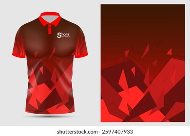 The polo shirt has a unique design using shades of red and brown, designed with geometric patterns that create dimensions with various angles.