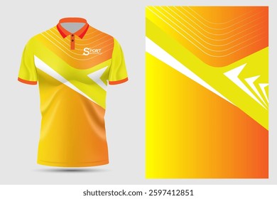 The polo shirt has a very bright and lively design, using shades of yellow and orange. It has curves that indicate movement and energy. The shirt has an interesting pattern.