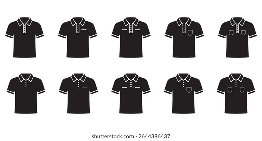 Polo Shirt Icon Set. Black Silhouette Style for Fashion and Apparel Design Vector