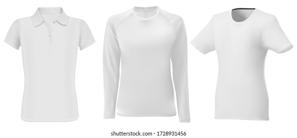 Polo Shirt Mock Up. Men Long Sleeve Apparel Blank. Young Fashion Textile Sport Wear Model Set For Promotion, Editable Design. White Sweatshirt Template Front. Male Tshirt And Undershirt