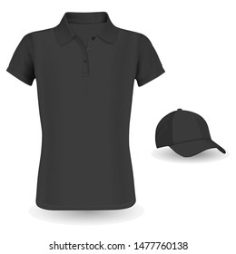 Polo Shirt Mockup. Black Vector Tshirt and Baseball Cap Template isolated on Background. Realistic Wear Outfit Short Sleeve Polo Promotion. Shirt with Collar and Visor Hat Casual Clothing Illustration