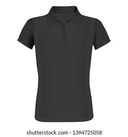 Polo Shirt Mockup. Short Sleeve. Front Template. Black Design Clothing. Isolated Male Apparel. Realistic Sport Casual ClothesBlack Cotton Cloth Collection. Blank Vector Illustration.