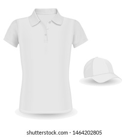 Polo Shirt Mockup. White Vector Tshirt and Baseball Cap Template isolated on Background. Shirt with Collar and Visor Hat Casual Clothing Illustration. Realistic Wear Outfit Short Sleeve Polo Promotion