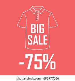 Polo shirt on a red background with a big sale and a seventy five percent discount. Cheap, offer, summer sale. Discount on clothes