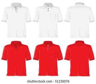 Polo shirt set. Without gradients, great for printing. White & red. Vector.