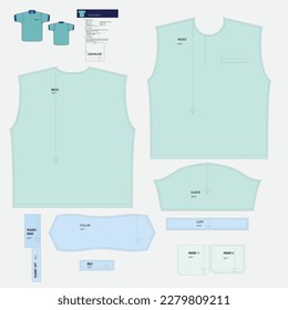 Polo shirt sewing pattern with collar and cuffs. Size XL. All allowances are included.