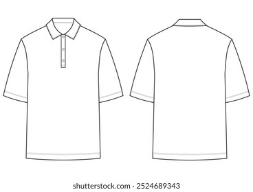 Polo Shirt technical drawing. Polo Shirt fashion template, short sleeve, polo collar, buttons, relaxed fit, front and back view, white,unisex