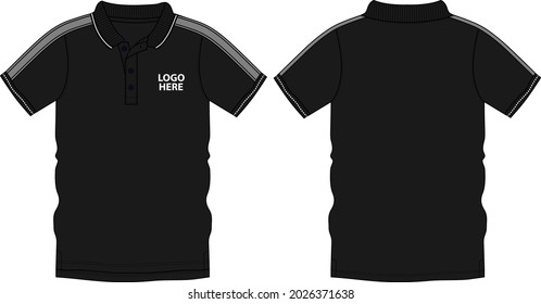 Polo Shirt Technical Fashion Flat Sketch vector illustration template front and back view isolated on white background. Men's fashion polo t shirt mockup CAD.