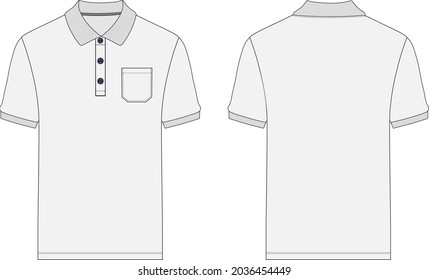 Polo shirt technical fashion flat sketch vector template front and back views. Pique cotton jersey dress design mockup illustration.