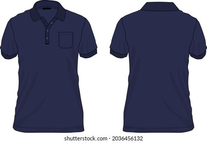 Polo shirt technical fashion flat sketch vector template. Navy blue color mock up isolated on white background.