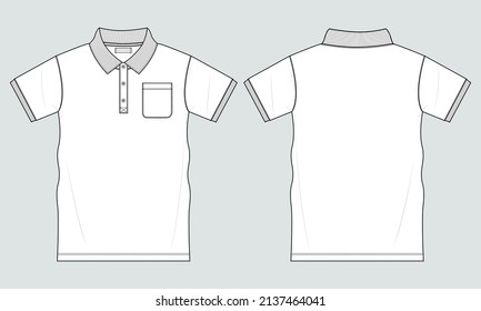 Polo Shirt Technical Fashion Flat Sketch Vector Illustration Template Front And Back Views. Apparel Clothing Design Polo Tee Mock Up Cad. 