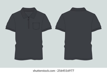 Polo Shirt Technical Fashion Flat Sketch vector illustration template front and back view isolated on white background. Men's fashion polo t shirt mock up
