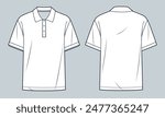 Polo Shirt technical fashion illustration. T-Shirt fashion flat technical drawing template, short sleeve, polo collar, buttons, relaxed fit, front and back view, white, women, men, unisex CAD mockup.