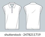 Polo Shirt technical fashion illustration. Sleeveless Shirt fashion flat technical drawing template, polo collar, buttons, relaxed fit, front and back view, white, women, men, unisex CAD mockup.