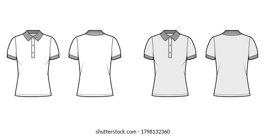 Polo shirt technical fashion illustration with cotton-jersey short sleeves, oversized, buttons along the front. Flat outwear apparel template front, back, white grey color. Women men unisex top mockup