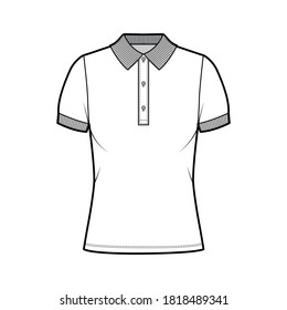 Polo shirt technical fashion illustration with cotton-jersey short sleeves, oversized, buttons along the front. Flat outwear apparel template front, white color. Women men unisex top CAD mockup