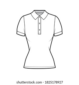 Polo shirt technical fashion illustration with cotton-jersey short sleeves, close fit, buttons along the front. Flat outwear apparel template front, white color. Women men unisex top CAD mockup